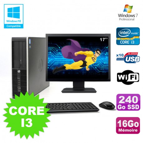Lot PC HP Elite 8200 SFF Core I3 3.1GHz 16Go 240Go SSD DVD WIFI W7 + Ecran 17
