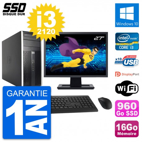 PC Tour HP 6200 CMT Ecran 27" Intel i3-2120 RAM 16Go SSD 960Go Windows 10 Wifi