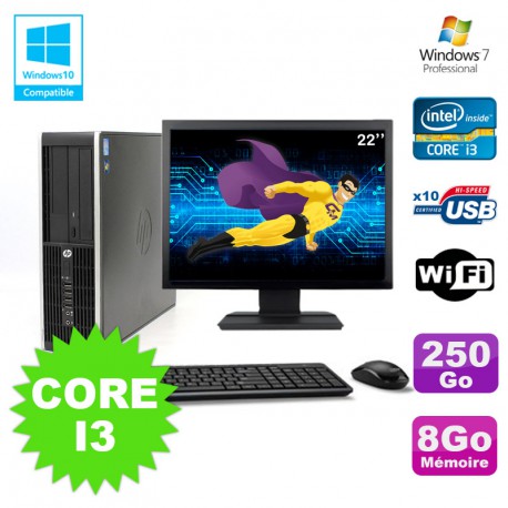 Lot PC HP Elite 8200 SFF Core I3 3.1GHz 8Go 250Go DVD WIFI W7 + Ecran 22"