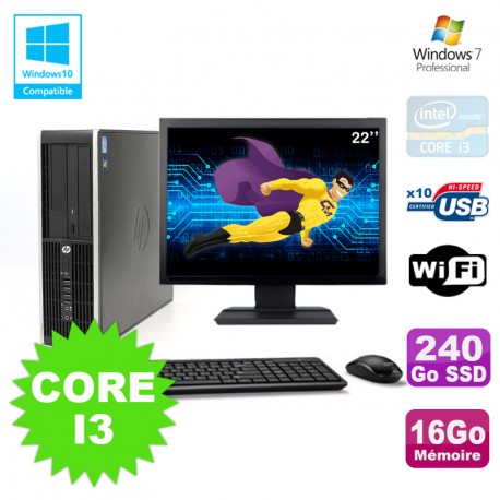 Lot PC HP Elite 8200 SFF Core I3 3.1GHz 16Go 240Go SSD DVD WIFI W7 + Ecran 22