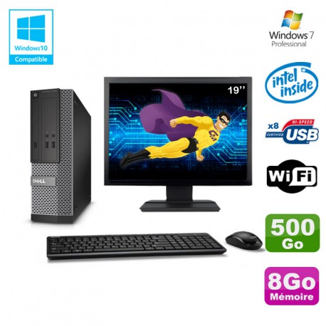 Lot PC Dell Optiplex 3020 SFF Intel G3220 3GHz 8Go 500Go DVD Wifi W7 + Ecran 19"