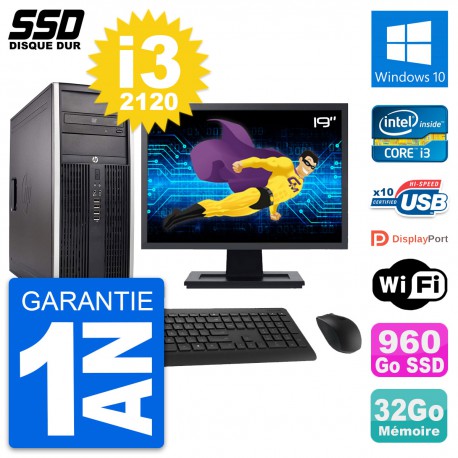 PC Tour HP Elite 8300 Ecran 19" Intel i3-2120 RAM 32Go SSD 960Go Windows 10 Wifi