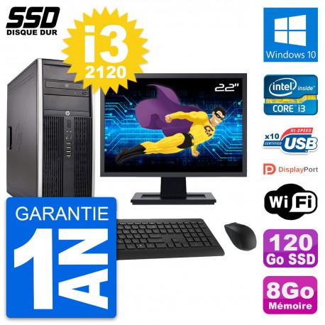 PC Tour HP Elite 8300 Ecran 22" Intel i3-2120 RAM 8Go SSD 120Go Windows 10 Wifi
