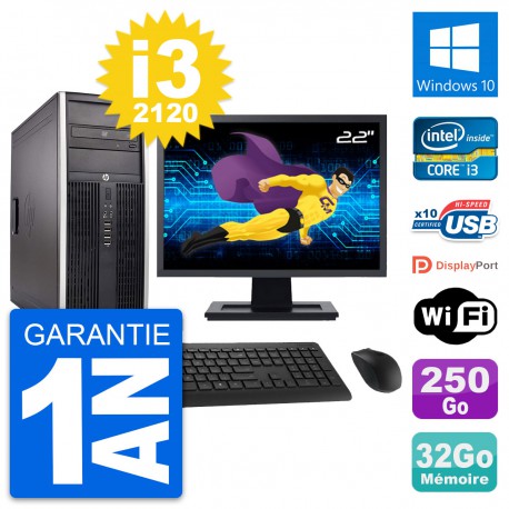 PC Tour HP 8300 Ecran 22" Intel i3-2120 RAM 32Go Disque 250Go Windows 10 Wifi