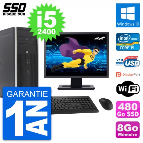 PC Tour HP Elite 8300 Ecran 22" Intel i5-2400 RAM 8Go SSD 480Go Windows 10 Wifi
