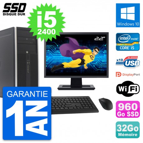 PC Tour HP Elite 8300 Ecran 22" Intel i5-2400 RAM 32Go SSD 960Go Windows 10 Wifi
