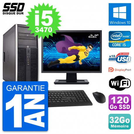 PC Tour HP Elite 8300 Ecran 22" Intel i5-3470 RAM 32Go SSD 120Go Windows 10 Wifi