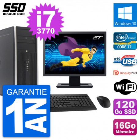 PC Tour HP Elite 8300 Ecran 27" Intel i7-3770 RAM 16Go SSD 120Go Windows 10 Wifi