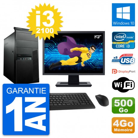 PC Tour Lenovo M91p Ecran 19" Intel i3-2100 RAM 4Go Disque 500Go Windows 10 Wifi