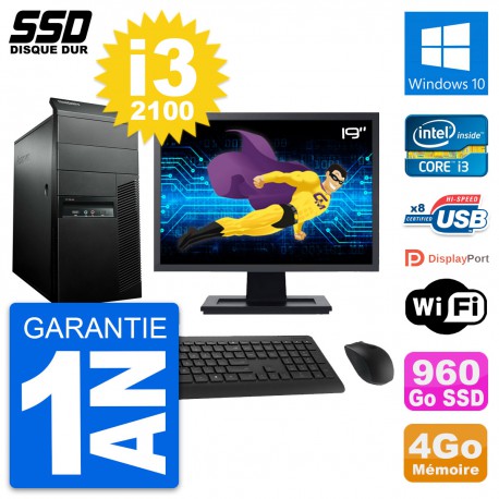 PC Tour Lenovo M91p Ecran 19" Core i3-2100 RAM 4Go SSD 960Go Windows 10 Wifi