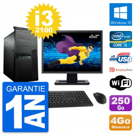 PC Tour Lenovo M91p Ecran 22" Intel i3-2100 RAM 4Go Disque 250Go Windows 10 Wifi