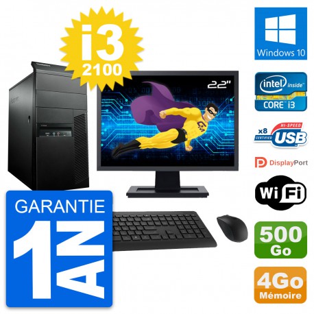 PC Tour Lenovo M91p Ecran 22" Intel i3-2100 RAM 4Go Disque 500Go Windows 10 Wifi