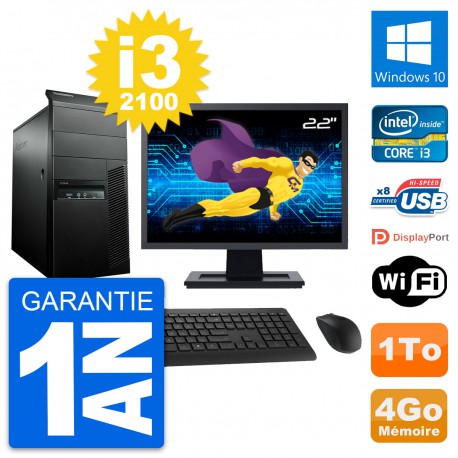 PC Tour Lenovo M91p Ecran 22" Intel i3-2100 RAM 4Go Disque 1To Windows 10 Wifi