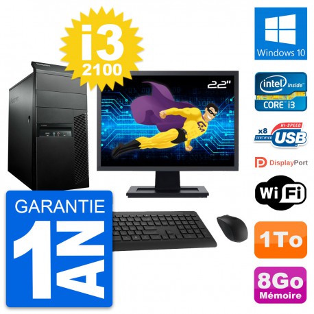 PC Tour Lenovo M91p Ecran 22" Core i3-2100 RAM 8Go Disque 1To Windows 10 Wifi