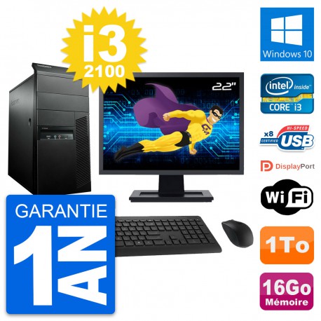 PC Tour Lenovo M91p Ecran 22" Intel i3-2100 RAM 16Go Disque 1To Windows 10 Wifi