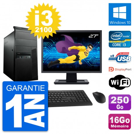 PC Tour Lenovo M91p Ecran 27" Core i3-2100 RAM 16Go Disque 250Go Windows 10 Wifi