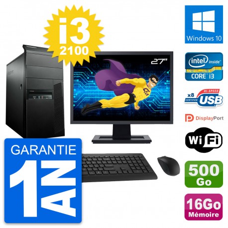 PC Tour Lenovo M91p Ecran 27" Core i3-2100 RAM 16Go Disque 500Go Windows 10 Wifi
