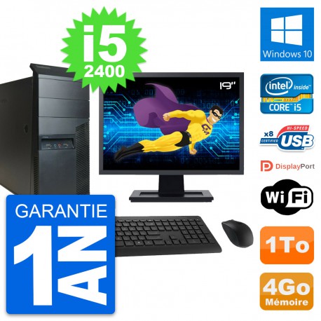 PC Tour Lenovo M91p Ecran 19" Core i5-2400 RAM 4Go Disque 1To Windows 10 Wifi