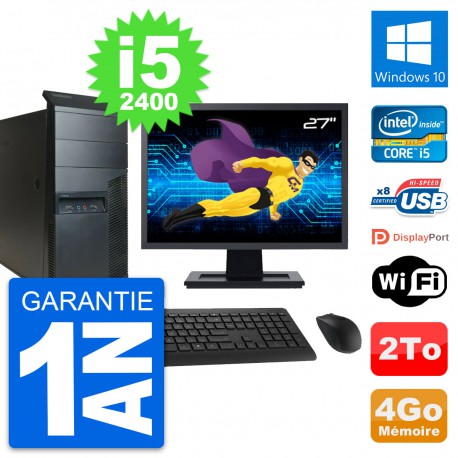 PC Tour Lenovo M91p Ecran 27" Core i5-2400 RAM 4Go Disque 2To Windows 10 Wifi