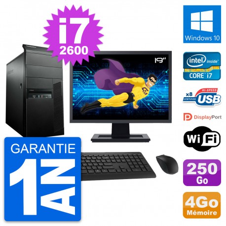 PC Tour Lenovo M91p Ecran 19" Intel i7-2600 RAM 4Go Disque 250Go Windows 10 Wifi