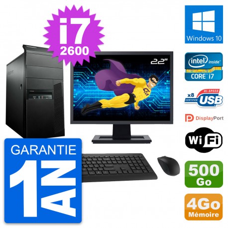 PC Tour Lenovo M91p Ecran 22" Intel i7-2600 RAM 4Go Disque 500Go Windows 10 Wifi