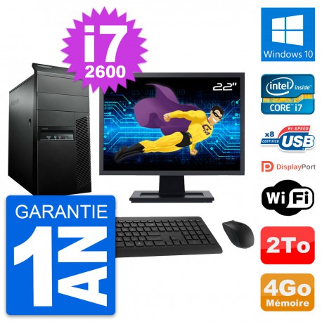 PC Tour Lenovo M91p Ecran 22" Intel i7-2600 RAM 4Go Disque 2To Windows 10 Wifi
