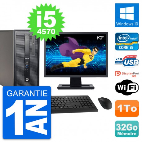 PC Tour HP 800 G1 Ecran 19" Intel i5-4570 RAM 32Go Disque 1To Windows 10 Wifi