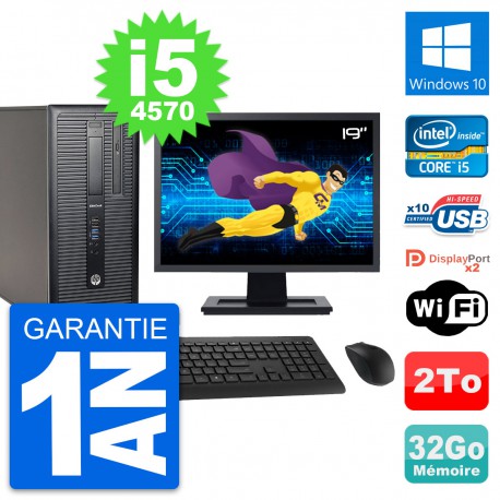 PC Tour HP 800 G1 Ecran 19" Intel i5-4570 RAM 32Go Disque 2To Windows 10 Wifi