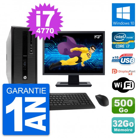 PC Tour HP 800 G1 Ecran 19" Intel i7-4770 RAM 32Go Disque 500Go Windows 10 Wifi