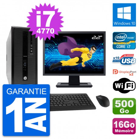 PC Tour HP 800 G1 Ecran 22" Intel i7-4770 RAM 16Go Disque 500Go Windows 10 Wifi