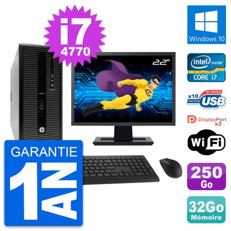 PC Tour HP 800 G1 Ecran 22" Intel i7-4770 RAM 32Go Disque 250Go Windows 10 Wifi