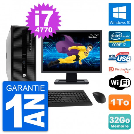 PC Tour HP 800 G1 Ecran 22" Intel i7-4770 RAM 32Go Disque 1To Windows 10 Wifi