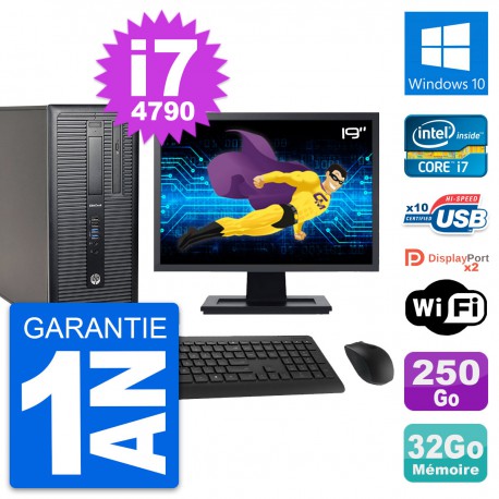 PC Tour HP 800 G1 Ecran 19" Intel i7-4790 RAM 32Go Disque 250Go Windows 10 Wifi