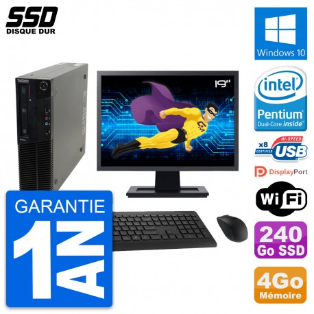 PC Lenovo M82 SFF Ecran 19" Intel G630 RAM 4Go SSD 240Go Windows 10 Wifi