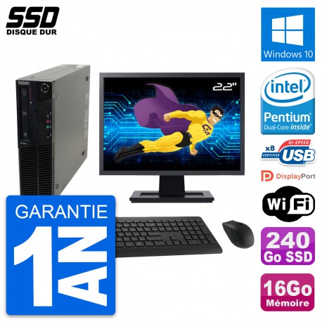 PC Lenovo M82 SFF Ecran 22" Intel G630 RAM 16Go SSD 240Go Windows 10 Wifi