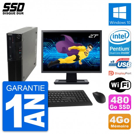 PC Lenovo M82 SFF Ecran 27" Intel G630 RAM 4Go SSD 480Go Windows 10 Wifi