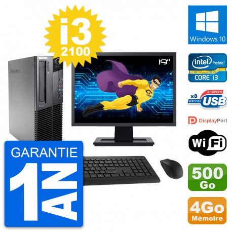 PC Lenovo M82 SFF Ecran 19" Intel i3-2100 RAM 4Go Disque 500Go Windows 10 Wifi