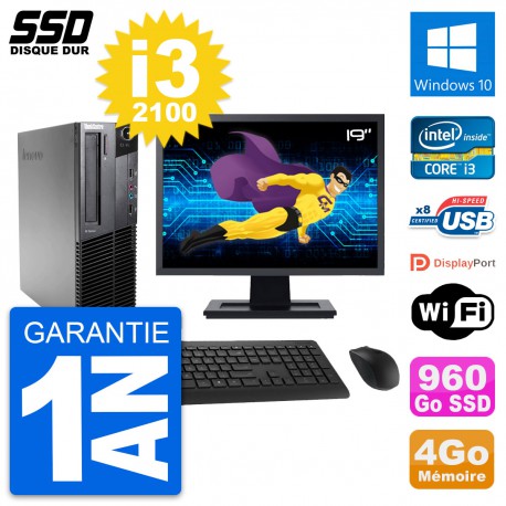 PC Lenovo M82 SFF Ecran 19" Intel Core i3-2100 RAM 4Go SSD 960Go Windows 10 Wifi
