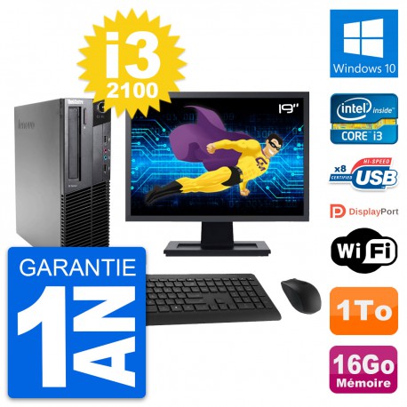 PC Lenovo M82 SFF Ecran 19" Intel i3-2100 RAM 16Go Disque 1To Windows 10 Wifi