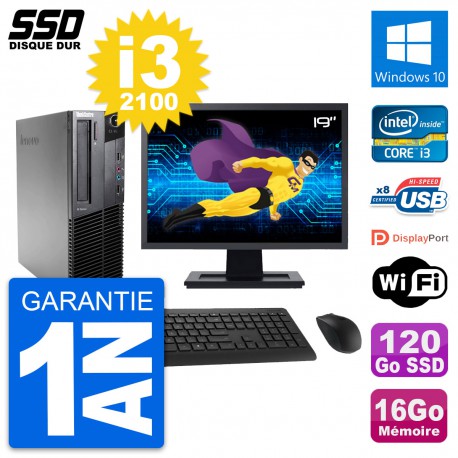 PC Lenovo M82 SFF Ecran 19" Intel i3-2100 RAM 16Go SSD 120Go Windows 10 Wifi