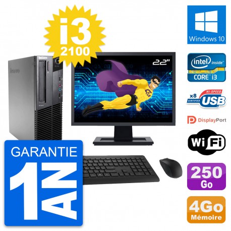 PC Lenovo M82 SFF Ecran 22" Intel i3-2100 RAM 4Go Disque 250Go Windows 10 Wifi