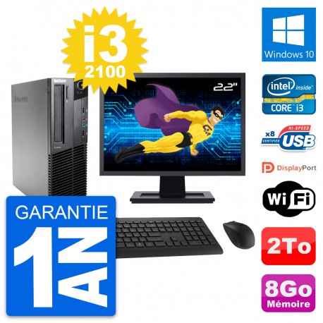 PC Lenovo M82 SFF Ecran 22" Intel i3-2100 RAM 8Go Disque Dur 2To Windows 10 Wifi