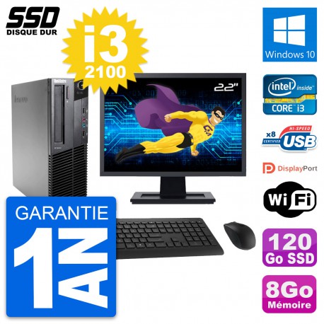 PC Lenovo M82 SFF Ecran 22" Intel Core i3-2100 RAM 8Go SSD 120Go Windows 10 Wifi