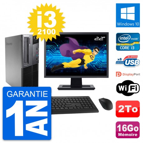 PC Lenovo M82 SFF Ecran 22" Intel i3-2100 RAM 16Go Disque 2To Windows 10 Wifi