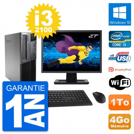 PC Lenovo M82 SFF Ecran 27" Intel i3-2100 RAM 4Go Disque Dur 1To Windows 10 Wifi