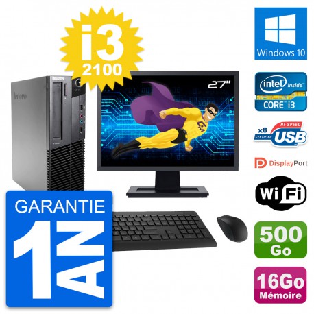 PC Lenovo M82 SFF Ecran 27" Intel i3-2100 RAM 16Go Disque 500Go Windows 10 Wifi