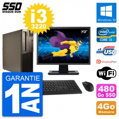 PC Lenovo M82 SFF Ecran 19" Intel Core i3-3220 RAM 4Go SSD 480Go Windows 10 Wifi