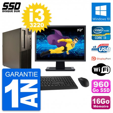 PC Lenovo M82 SFF Ecran 19" Intel i3-3220 RAM 16Go SSD 960Go Windows 10 Wifi
