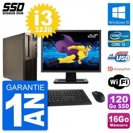 PC Lenovo M82 SFF Ecran 22" Intel i3-3220 RAM 16Go SSD 120Go Windows 10 Wifi