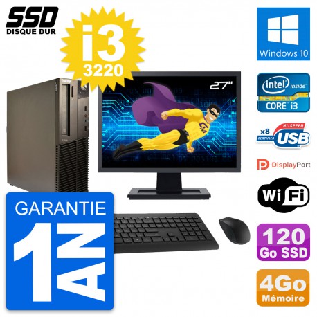 PC Lenovo M82 SFF Ecran 27" Intel Core i3-3220 RAM 4Go SSD 120Go Windows 10 Wifi